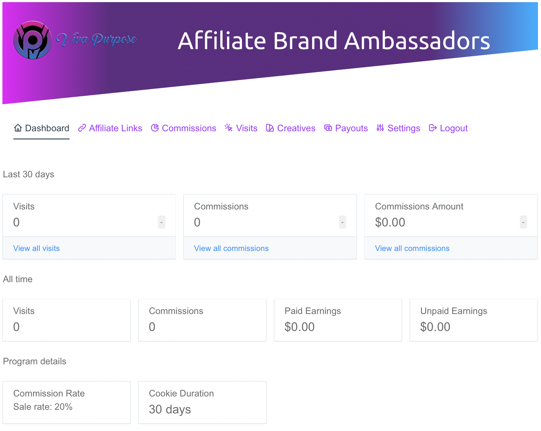 Viva Purpose affiliate dashboard.