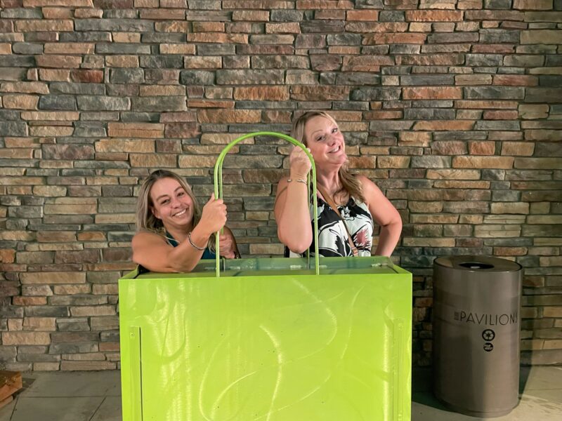 Downtown Denver 16th Street Mall, Travel author Nikki Page with big green shopping bag