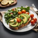 Heart-Healthy Avocado and Cherry tomato with Seasonal Fruit on a white plates