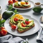 Heart-Healthy Avocado and Cherry tomato with Seasonal Fruit on a white plates