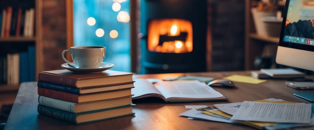 Author's writing cabin with a woodburning stove, computer and book,